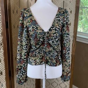 H&M Blouse Women Black Floral Peasant Smock Cottage Fairy‎ Romantic Fem Sz Small